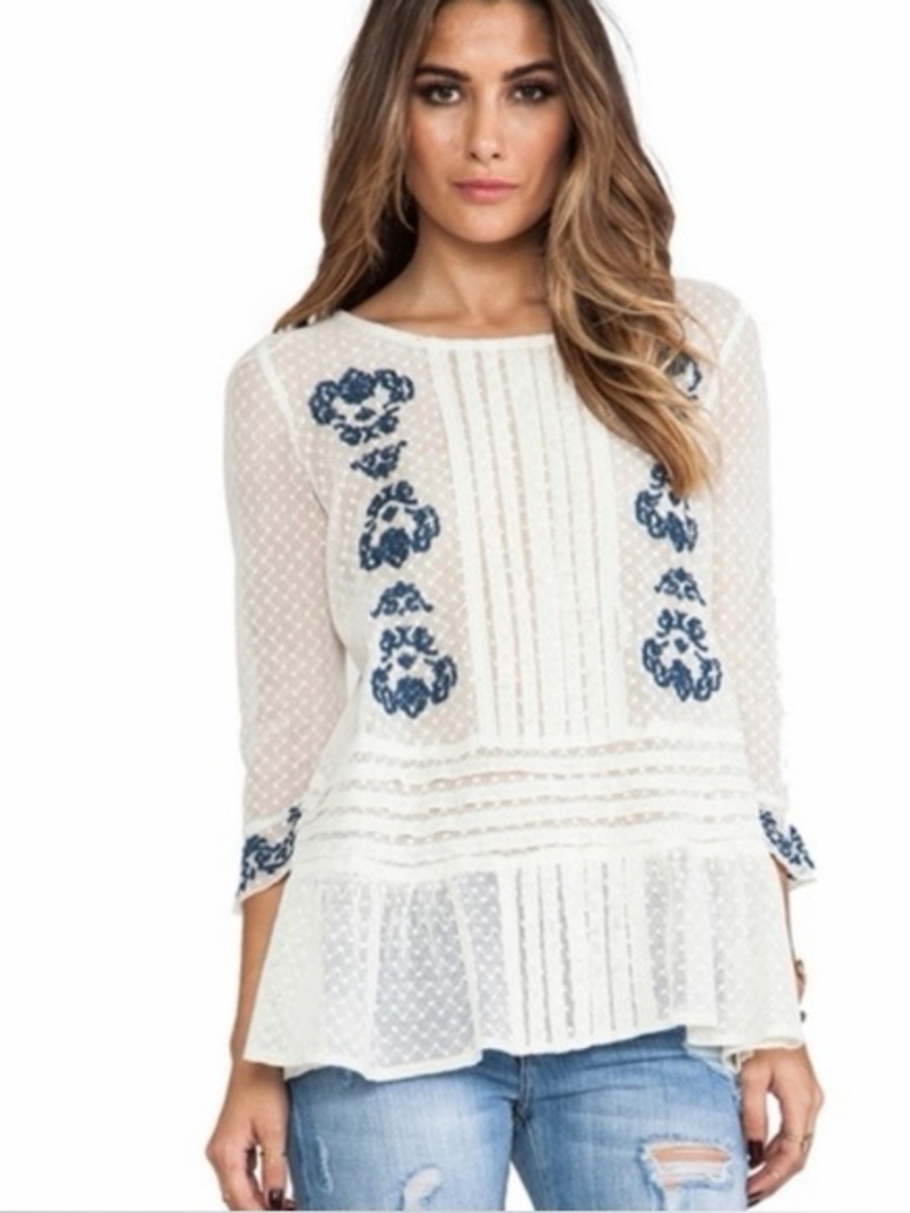 Free people White and Blue Embroidered Blouse